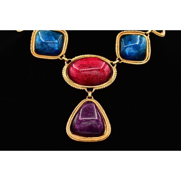 KJL Avon Cabochon Necklace Bib Multicolor Gripoix Jelly Gold Chunky Signed BinAU - Picture 4 of 12